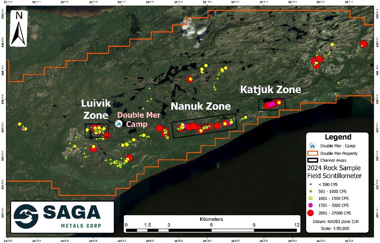 The Double Mer Uranium property and its three zones as defined by the 2024 field season.