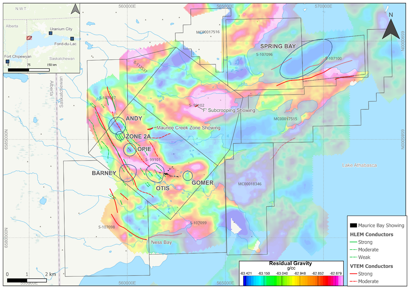 The main uranium showings and drill target areas on the Northwest Athabasca Project. The residual gravity and EM conductors are shown as the background.