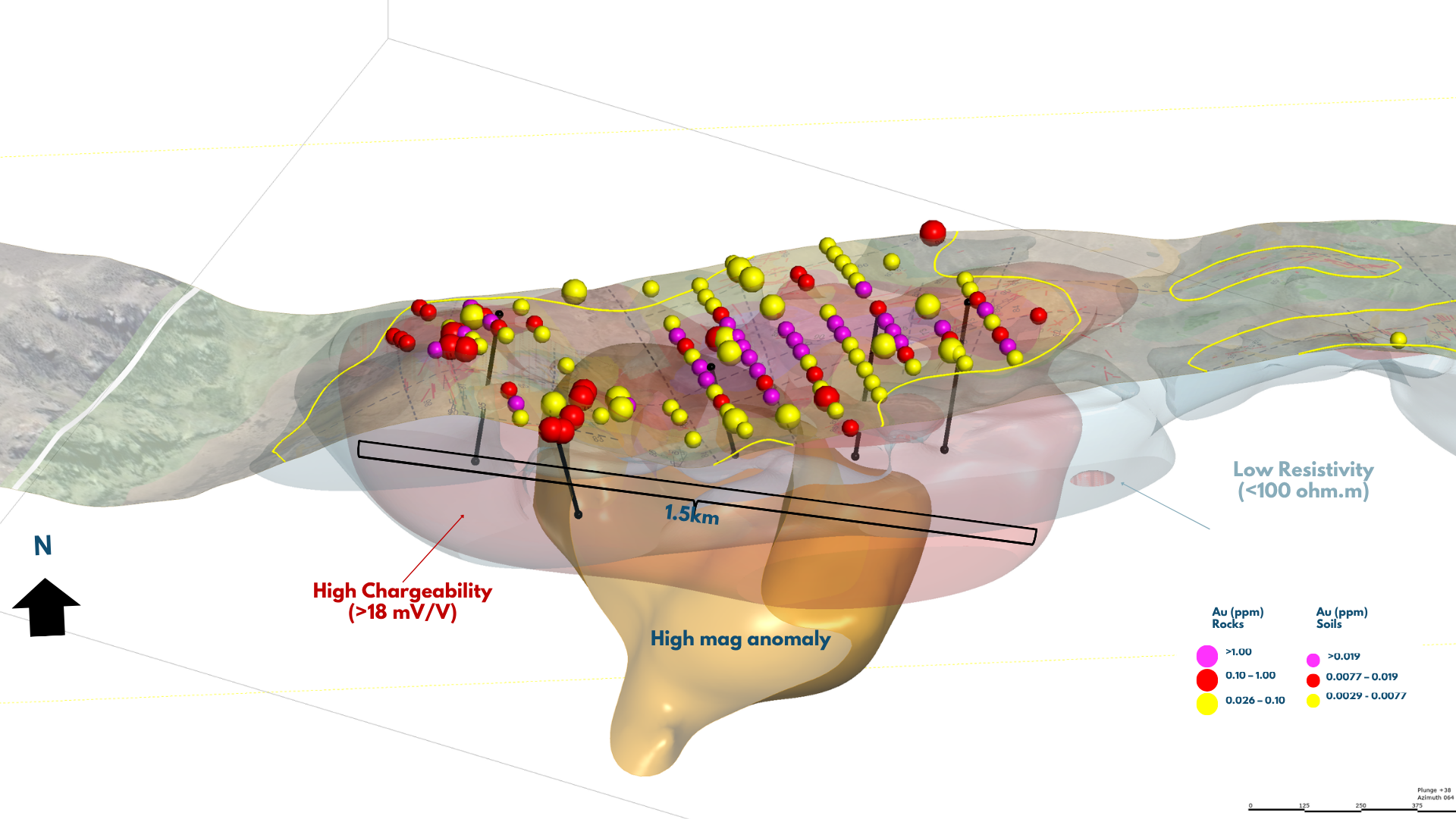 Pucarini Gold Geochemistry - IP Chargeability-Resistivity 3D Model